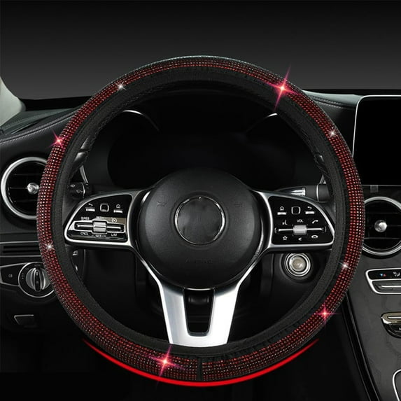 Diamond Leather Bling Steering Wheel Cover with Shining Crystal Rhinestones, Auto Steering Wheel Covers Accessories for Men Women, 14 1/2 Inch to 15 Inch, Red, O-Type