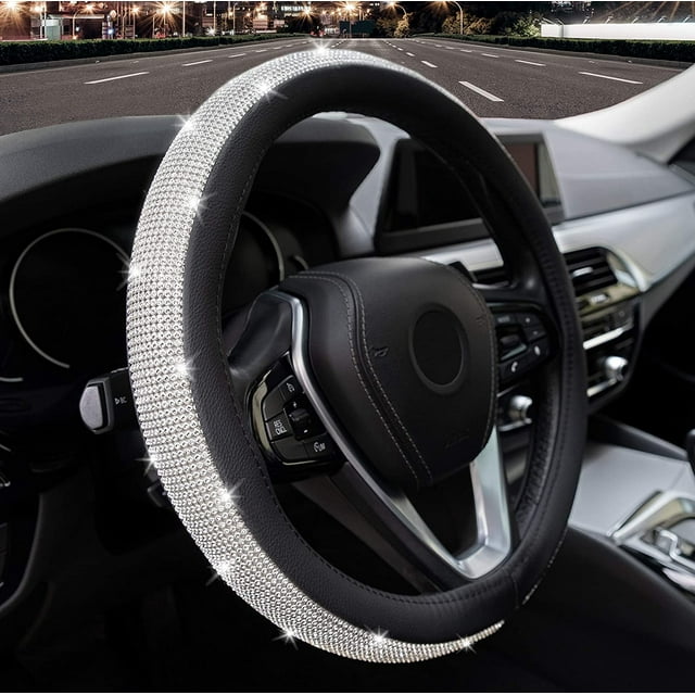 Diamond Leather Steering Wheel Cover Bling Bling Rhinestones, Universal Fit 15 Inch Car Wheel