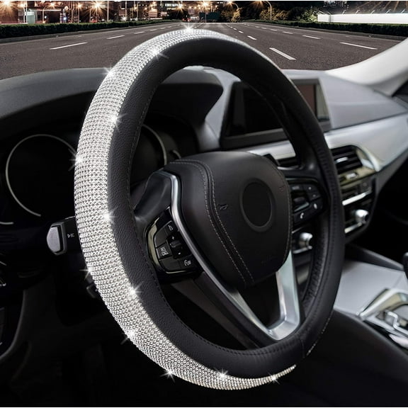 Diamond Leather Steering Wheel Cover Bling Bling Rhinestones, Universal Fit 15 Inch Car Wheel Protector for Women Girls