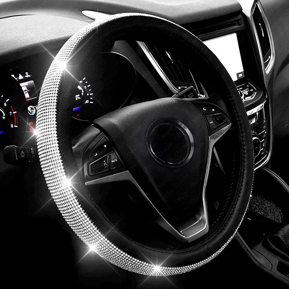 Diamond Leather Steering Wheel Cover with Bling Bling Crystal Rhinestones,Large-Size of 15 1/2 inches-16 inches Black