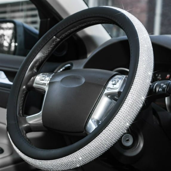 Diamond Leather Steering Wheel Cover with Crystal Rhinestones Fit 15 Inch Car Wheel Protector,White