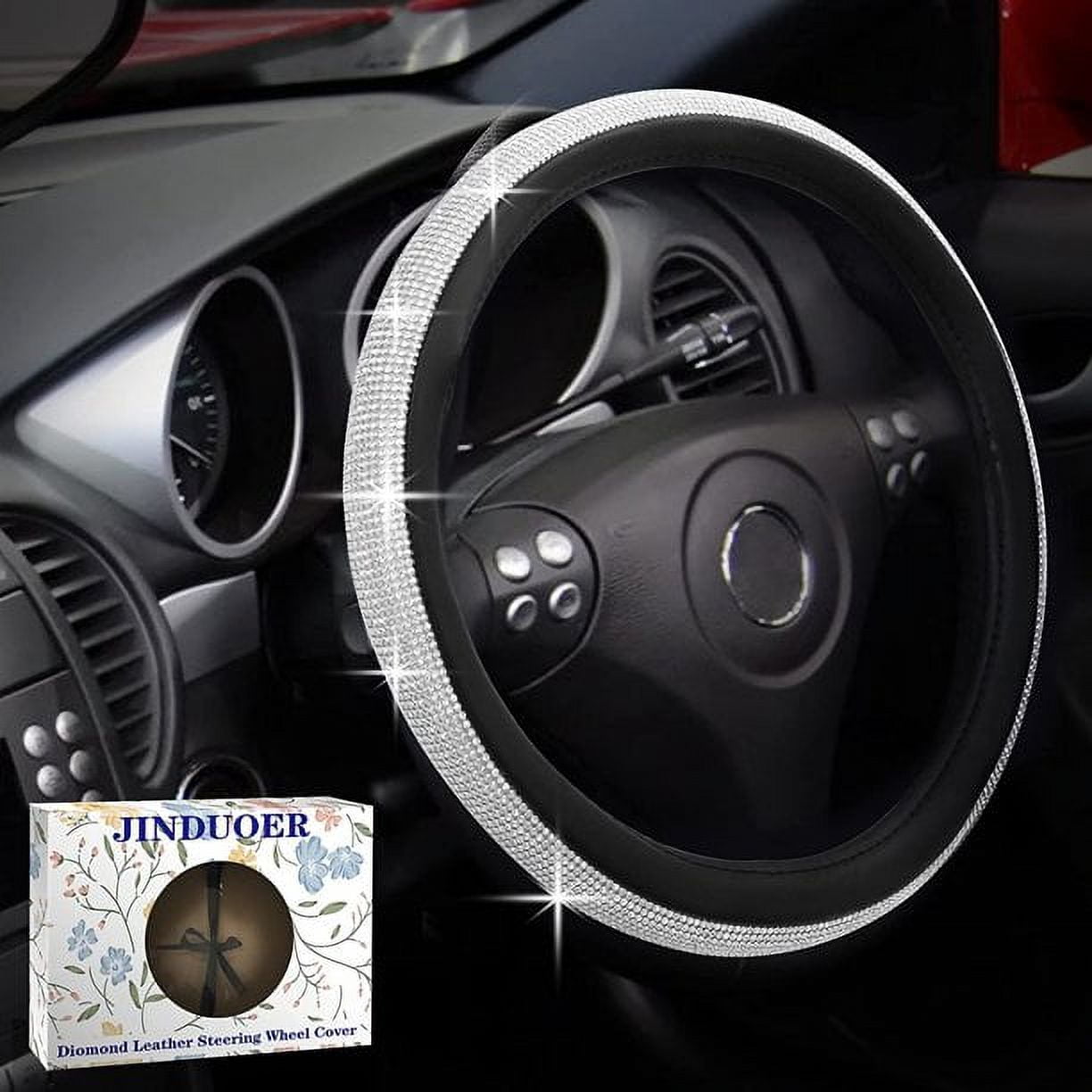 Diamond Leather Steering Wheel Cover, Steering Wheel Cover Sparkling Crystal Rhinestones, Bling Car Accessories for Women, Universal Fit 15 Inch