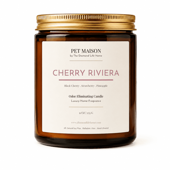 Diamond Life Home 'Cherry Riviera'  Black Cherry, Strawberry & Pineapple Scented Pet Odor Eliminator Candle for Homes with Dogs & Cats, 9 oz