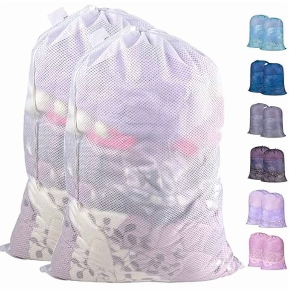 Diamond Mesh Laundry Bags,2Pcs 30 x 36 inches Heavy Duty Mesh Laundry Bags with ID Tag and Drawstring Closure, Extra Large Laundry Hamper Liner, Laundry Bag for Travel, Sports,Dorms (White)