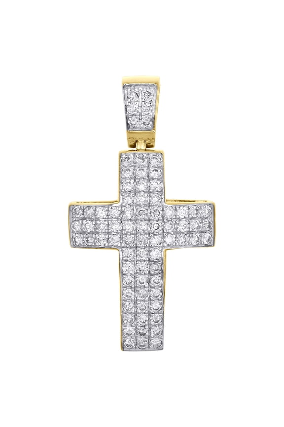 Diamond Mini Domed Cross Pendant 10K Yellow Gold Round Cut Pave Charm 0.65 Ct.