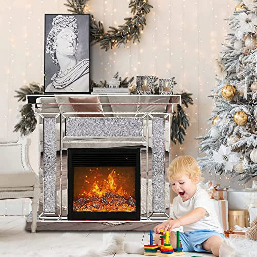 Diamond Mirrored Electric Fireplace TV Stand Freestanding Fireplace