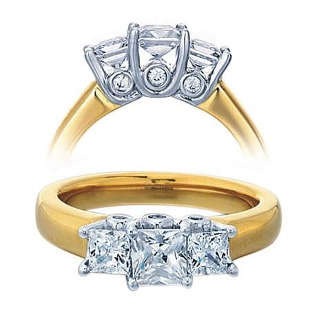 Diamond Moissanite Engagement Ring 1.50 Carat Three Stone Princess Cut For Her In 925 Sterling Silver With 18K Yellow Gold Plating, Promise Ring, Anniversary Ring