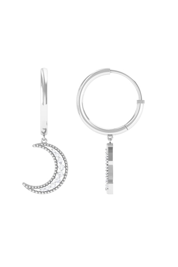 Diamond Moon Drop Hoop Earrings, 10K White Gold