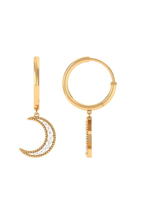 Diamond Moon Drop Hoop Earrings, 10K Yellow Gold