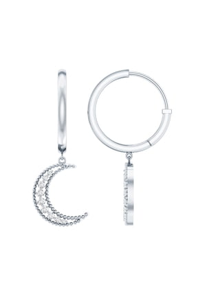 Diamond Moon Drop Hoop Earrings, 14K White Gold