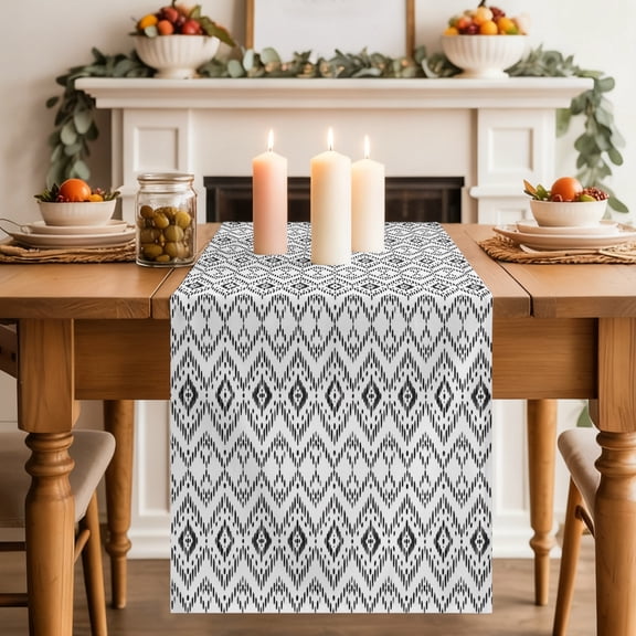 Diamond Motif Dining Table Runner, Black Grid Linear Dash Abstract Graphic Geometric Washable Table Runners Kitchen Coffee Table Center Decor for Home Party Holiday Wedding 13 x 70 Inches