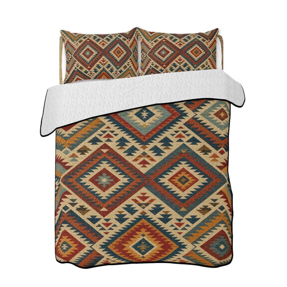 Diamond Motifs Quilts Bedding Set California King Boho Southwestern Blue Beige Orange Woven Pattern Lightweight Quilted Bedspread 3 Piece Bed Quilt with 2 Pillow Shams for Bedroom 96" x 106"