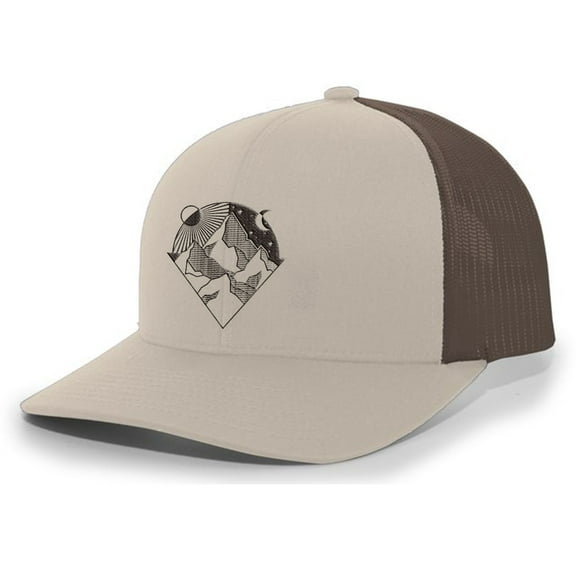 Diamond Mountain Scene Sun and Moon Outdoors Forest Embroidered Mesh Back Trucker Hat, Khaki/Brown