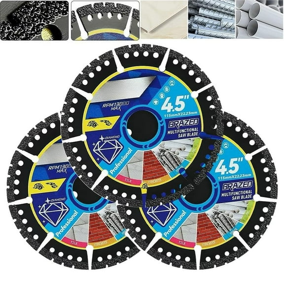 Diamond Multi-Purpose Saw Blades, 4.5 Inch Angle Grinder Cutting Discs for Metal Tile Stone Plastic, 4-1/2 Ultra Thin Brazed Blades Multipurpose Circular Blade for PVC Glass Cutting(3PCS)