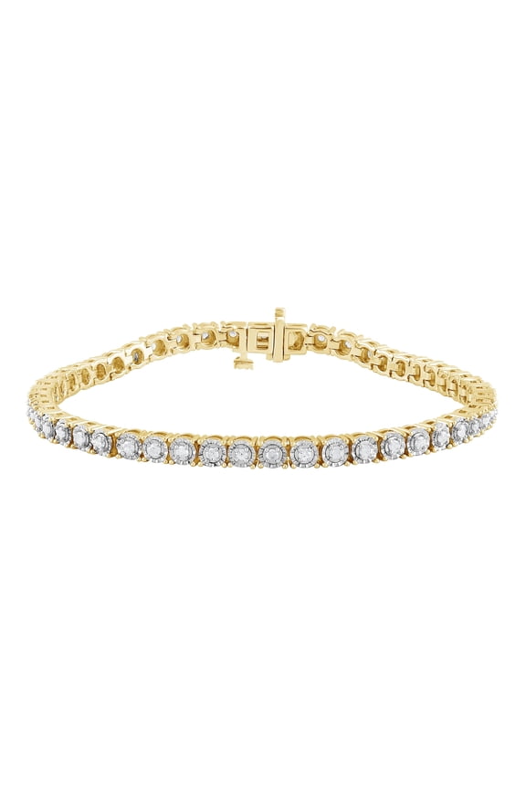 Yellow Gold Plated Sterling Silver 1 Ctw Genuine Diamond Round Link Tennis Bracelet