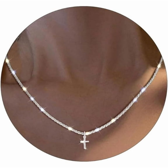 Diamond Necklace for Women Silver Plated Dainty Cross Necklace Cubic Zirconia Small Cute Cross Pendant Choker Simple Twist Rope Chain Y2K CZ Necklaces Trendy Jewelry Gifts for Women