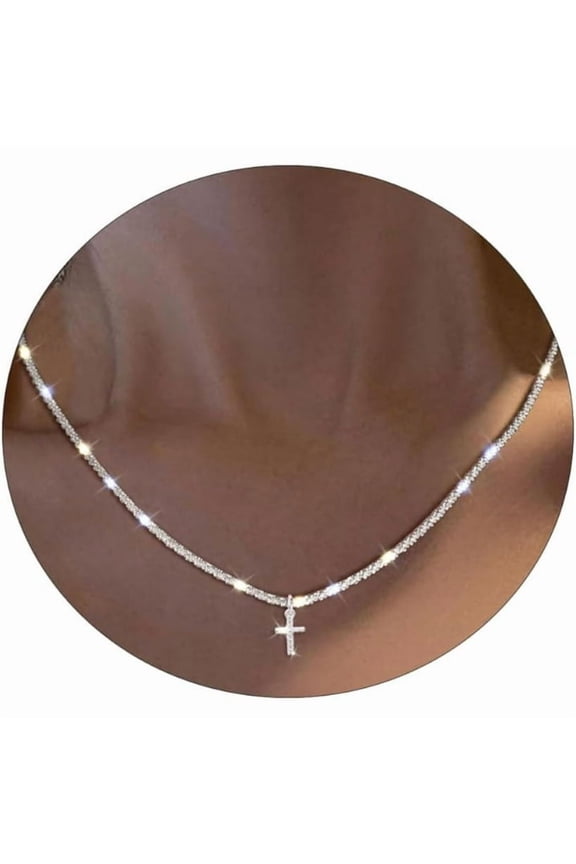 Diamond Necklace for Women Silver Plated Dainty Cross Necklace Cubic Zirconia Small Cute Cross Pendant Choker Simple Twist Rope Chain Y2K CZ Necklaces Trendy Jewelry Gifts for Women