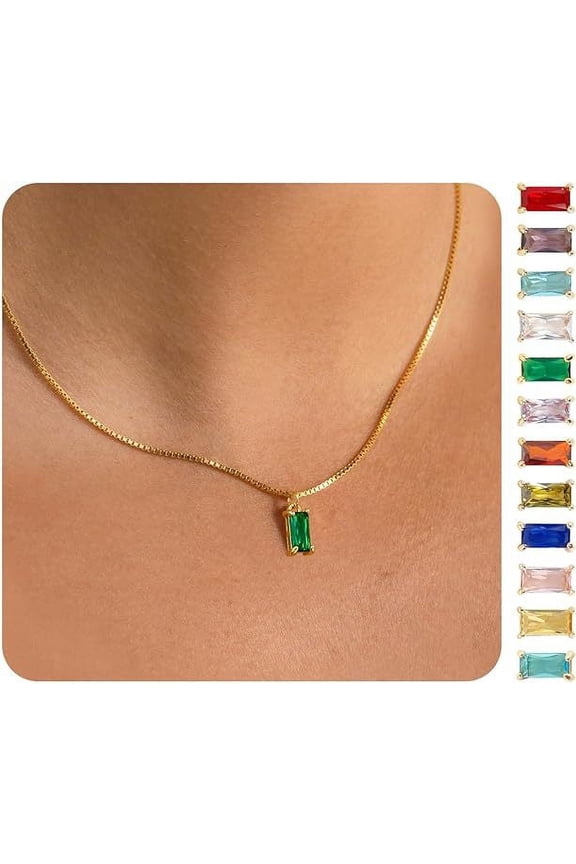 Diamond Necklaces for Women 14K Gold Plated Emerald Birthstone Necklace for Women Mothers Dainty Gold Necklace Blue Green Cubic Zirconia Pendant Necklace Birthday Gifts for Women Jewelry