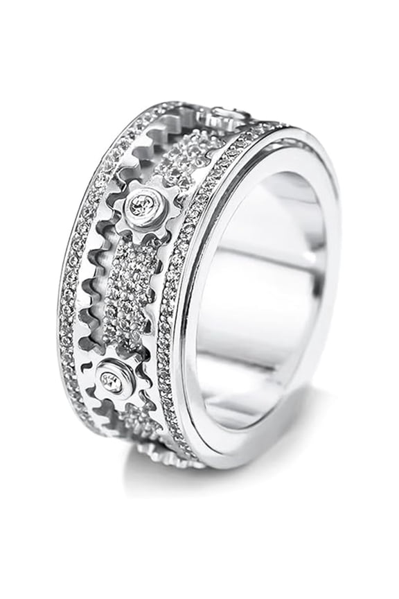 Diamond Ornate Geometric 3D Band Ring, For Women Men Teens,Diamond Ring with Moving Gears Mechanical Decompression AnxietySilver 9