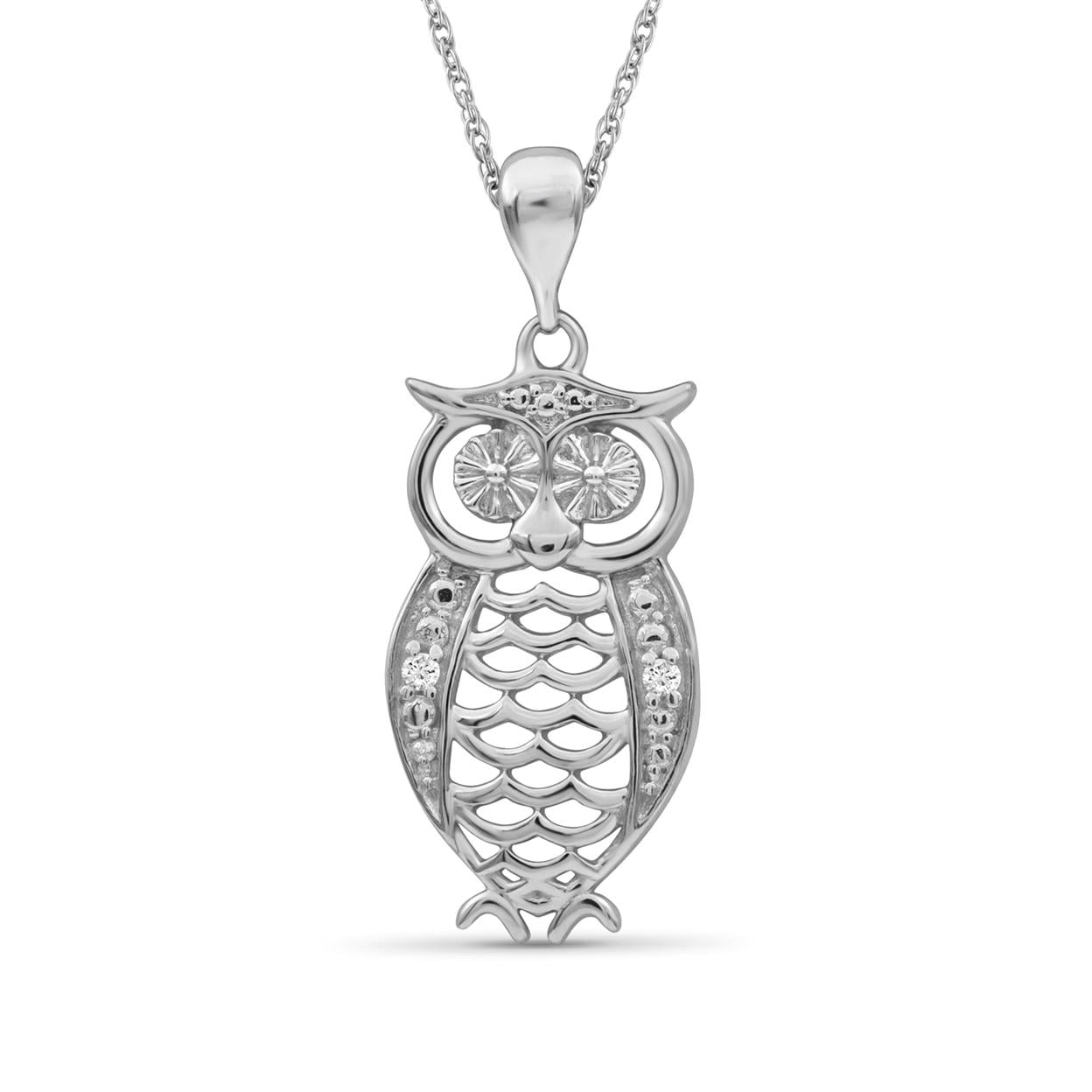 Diamond Owl Necklace Halloween Jewelry – Accent White Diamond Halloween Necklace – Sterling Silver Rope Chain with Owl Pendant – Witchy Jewelry for Women by JewelersClub