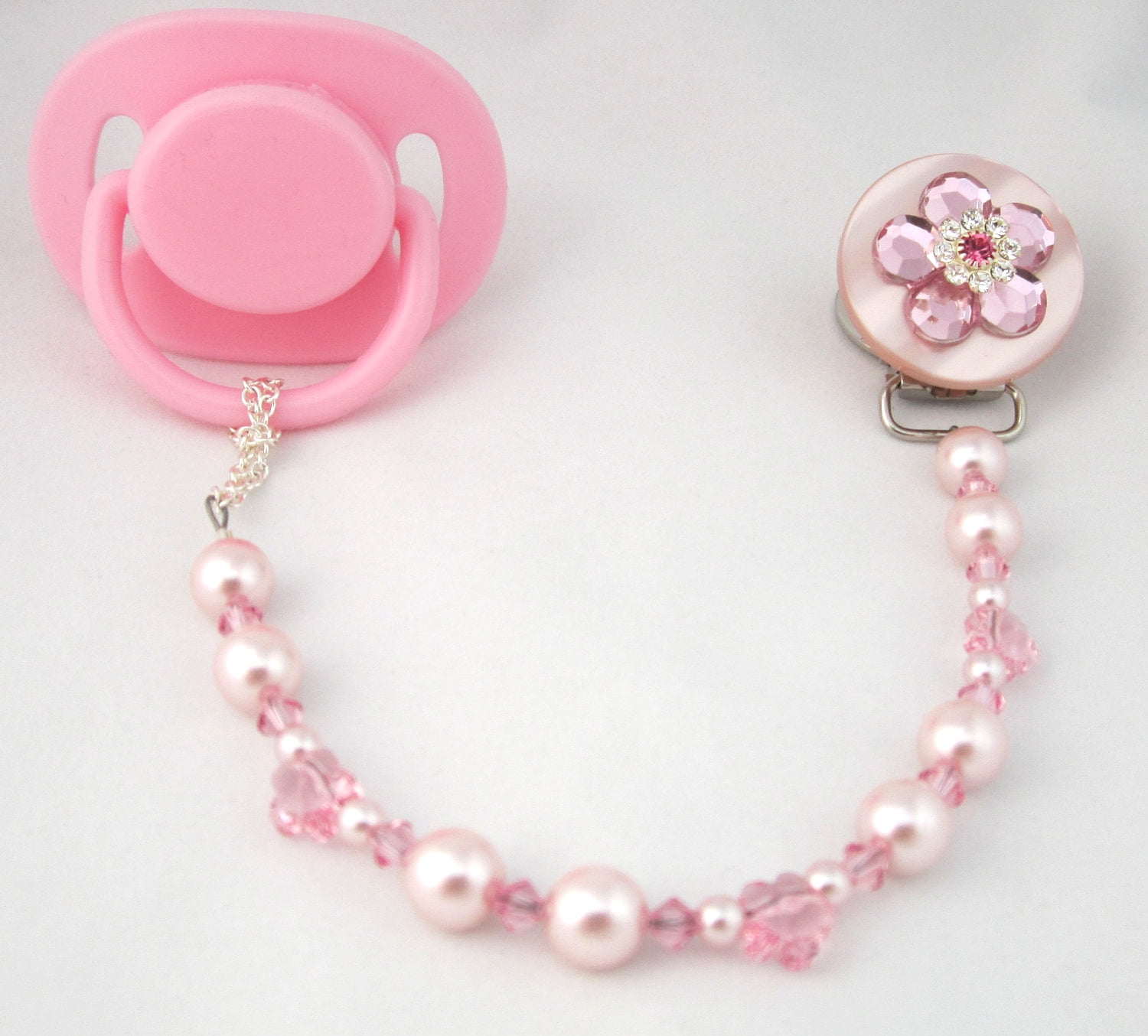 Diamond Pacifier Clip with Stunning Bling Beads and Pearls