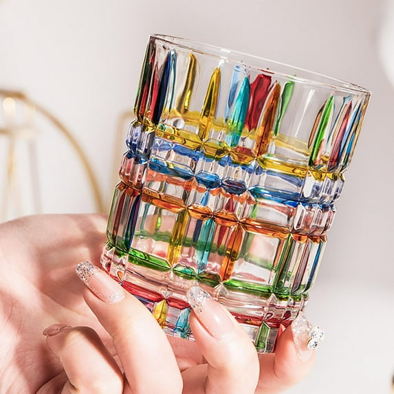 Diamond Painted Crystal Glass, Old Fashid Tumblers for Drinking Cocktail for Men Women at Bar, Colorful Glass with Stripes