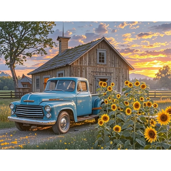 Diamond Painting Blue Truck with Sunflowers Farm 5D Diamond Art DIY Kits Full Round Drill Bead Rhinestones by Number Embroidery Arts and Crafts for Living Room Bedroom Home Wall Decor 12x16 inch