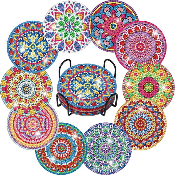 Diamond Painting Coasters Kits, 10 Pieces Mandala Diamond Art Coasters with Holder, Arts and Crafts for Adults