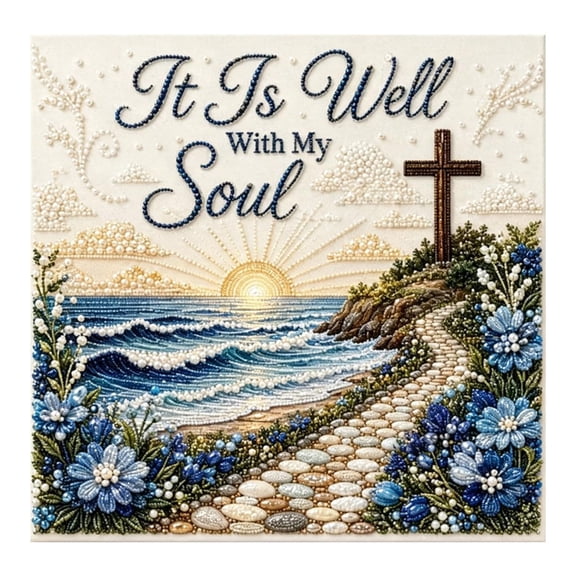 Diamond Painting Kit 8x8 Inch, Hymn Theme 5D DIY Diamond Art with Cross and Flowers, Christian Craft for Adults and Beginners - It Is Well With My Soul