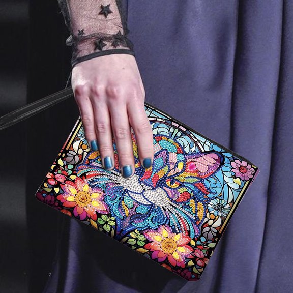 Diamond Painting Kit Bag, Colorful Cat 5D DIY Special Diamond-Shaped Cosmetic Pouch, Storage Wallet