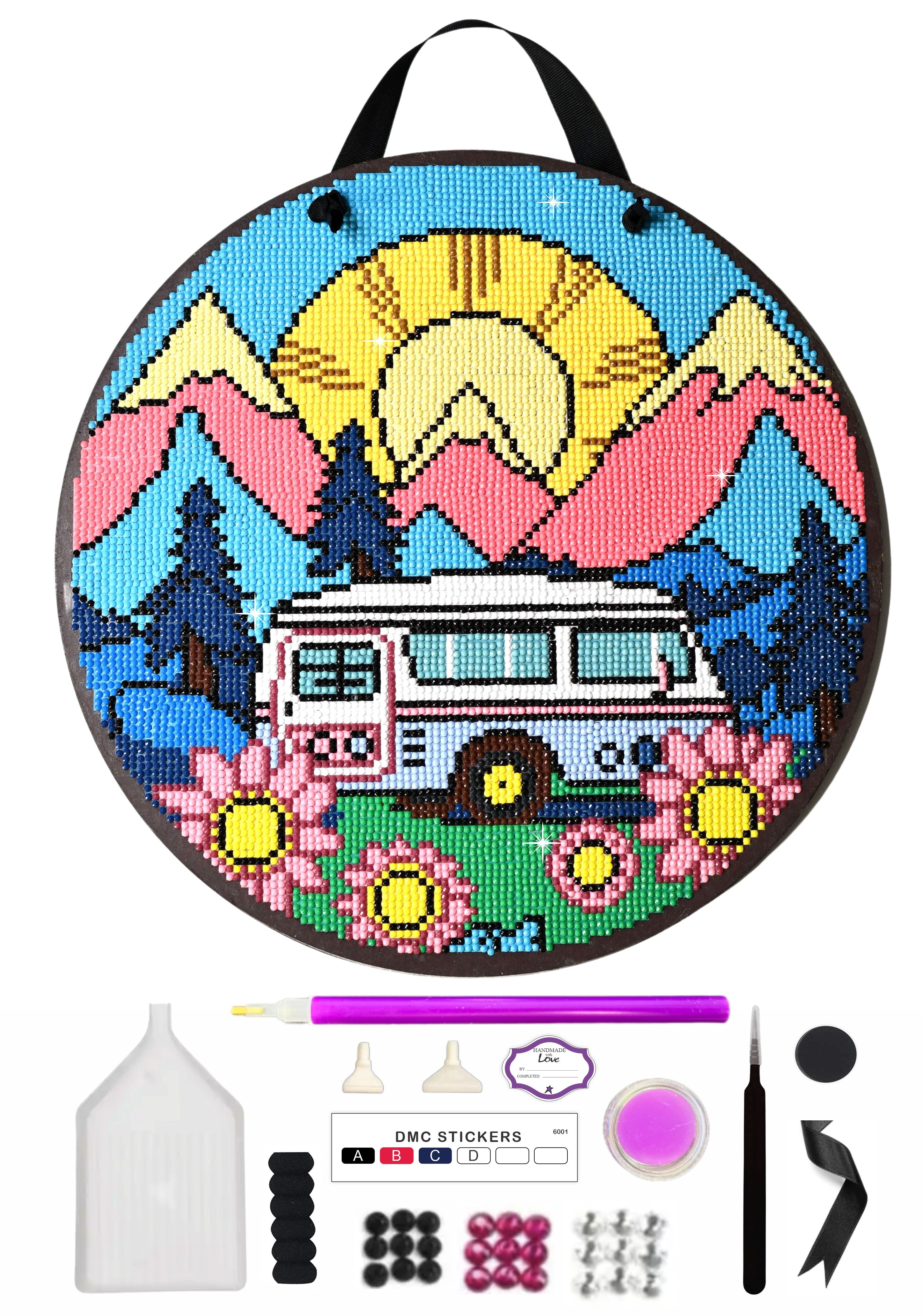 Diamond Painting Kit, Camper Rv Sign, Round Drills, 14 Piece Set, Round Wood Camping Sign, DIY Craft Kit