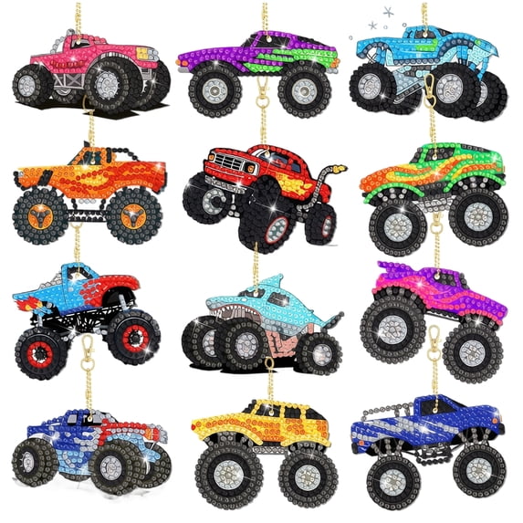Diamond Painting Kit Featuring Pre-Cut Drill Sheets and Resin Rhinestones for Detailed Monster Truck Charms, Diy Keychain Kit for Relaxing Weekend Crafting and Beginner, Festive
