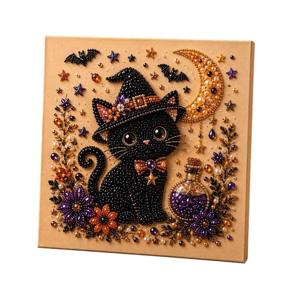 Diamond Painting Kit, Halloween Black Cat Witch Design, Preprinted Canvas for Adults, Themed Wall Art for Home Decor, Fall and Halloween Craft Project
