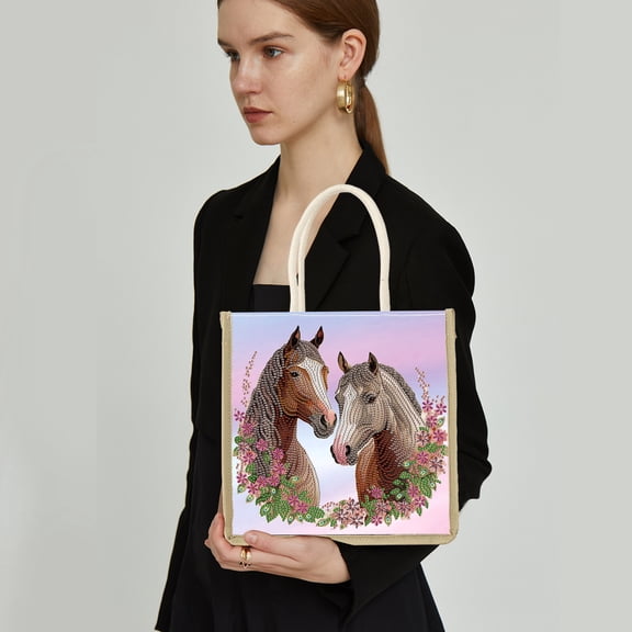 Diamond Painting Kit Handbag Floral Horse DIY Handcrafted Diamond Design Creative Gift Spacious Commuter Tote