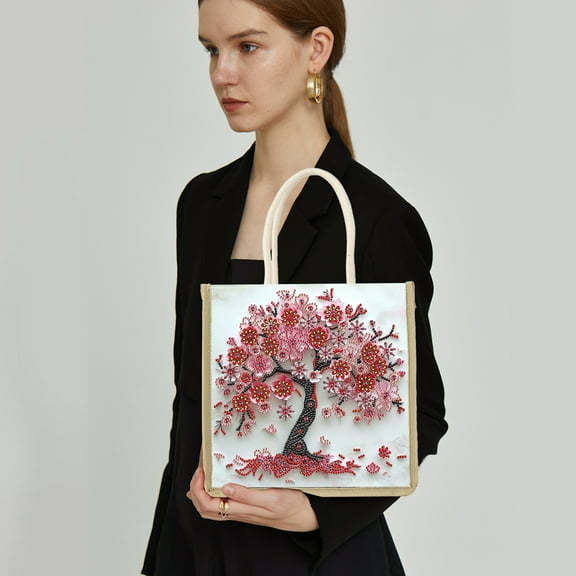 Diamond Painting Kit Handbag Vibrant Rose Tree DIY Diamond Pattern Creative Gift Spacious Commuter Tote
