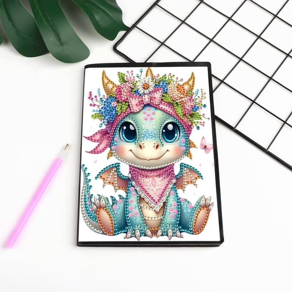 Diamond Painting Kit Notebook, Bow Dinosaur DIY Art Craft Kit, A5 Perfect Creative Gift, Diamond Rhinestone Decoration Ideal for Painting, Writing, Notebooking