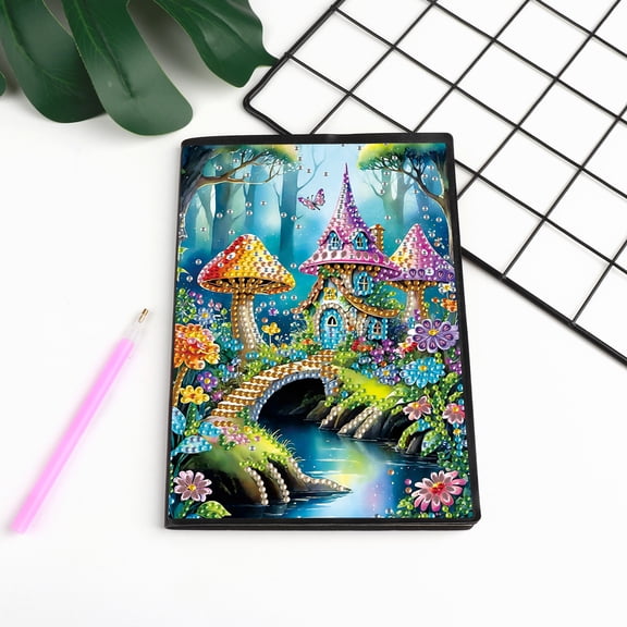 Diamond Painting Kit Notebook, Mushroom Castle DIY Art Craft Kit, A5 Perfect Creative Gift, Diamond Decoration, Suitable for Painting, Writing, and Notebook Use