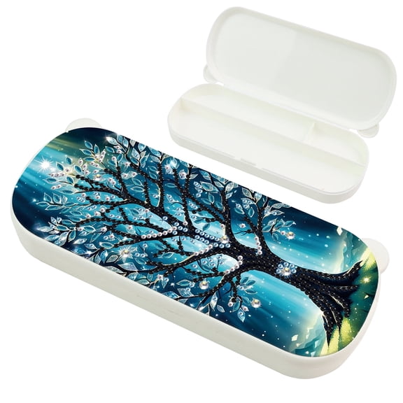 Diamond Painting Kit Stationery Box, Blue Tree 5D DIY Sparkling Creative Pencil Case Organizer, for Desktop Decoration and Gift Ideas