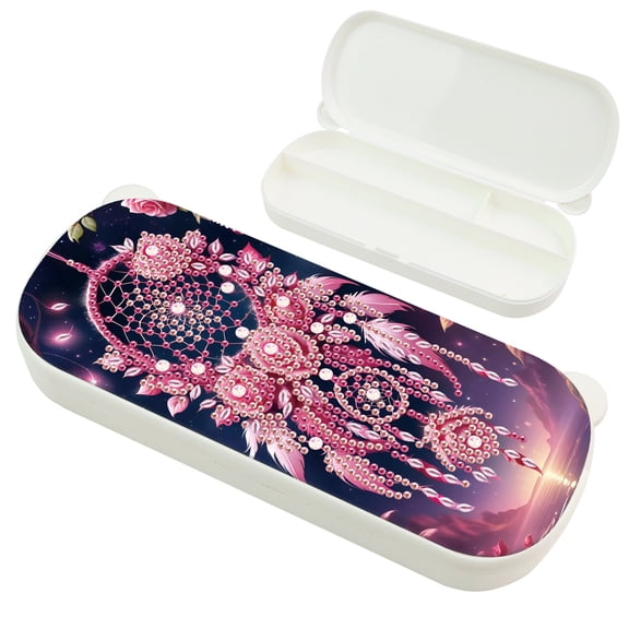 Diamond Painting Kit Stationery Box, Pink Dreamcatcher Rose 5D DIY Sparkling Creative Pencil Case Organizer, for Desktop Decoration and Gift Ideas