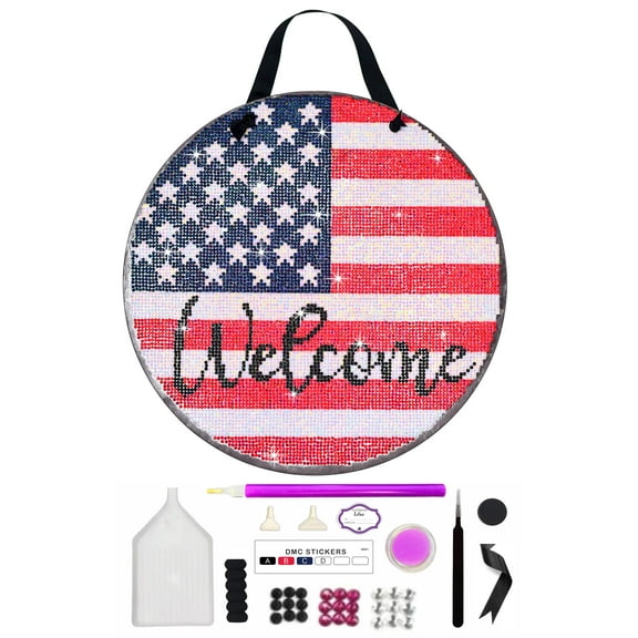 Diamond Painting Kit, Welcome US Flag Diamond Art Painting, 14 Piece Set, Round Wood Door Sign, 100% AB Drills
