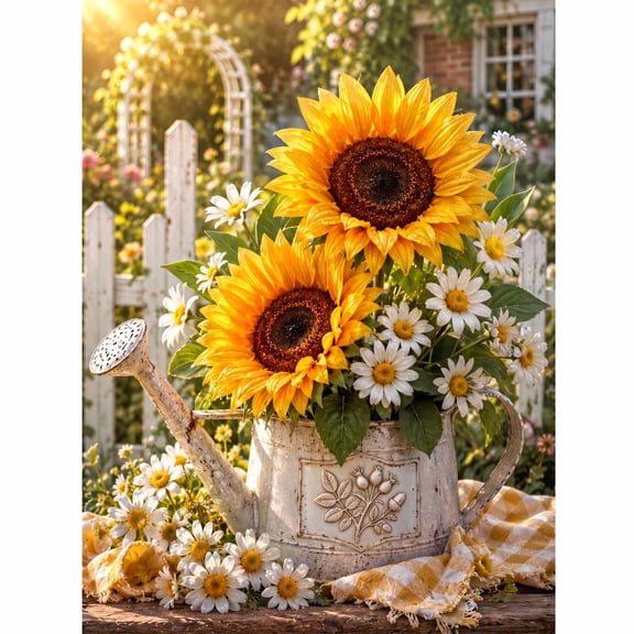 DIYDECORFUN Sunflower Diamond Art Kits for Beginner,Full Round Flower Watering Can Diamond Painting Kit 12" x 16", Wall Decor Gift