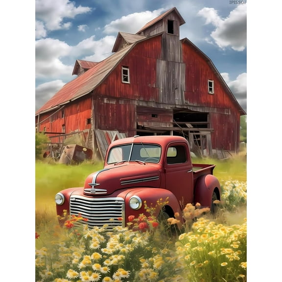 Diamond Painting Kits 5D The Red Truck and Farmhouse Diamond Art with Accessories Tools Farm Cottage Painting with Diamond Relaxation and Home Wall Decor