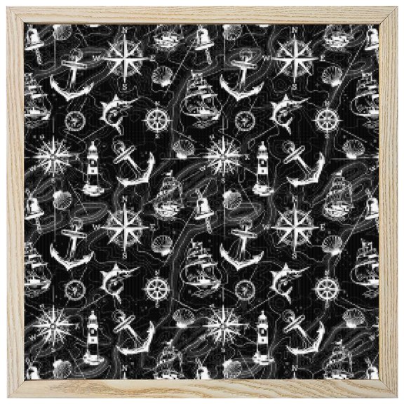 Diamond Painting Kits Black Anchor Sailboat 5D Diamond Painting Dots Gem Craft Framed Canvas Nautical Ocean Compass Map Full Drill Diamond Art Paintings for Living Room Wall Decor 12x12 Inch