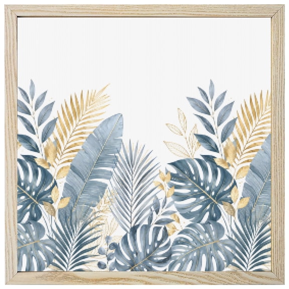 Diamond Painting Kits Blue Golden Palm Leaves 5D Diamond Painting Dots Gem Craft Framed Canvas Coastal Monstera Leaf Full Drill Diamond Art Paintings for Living Room Wall Decor 12x12 Inch