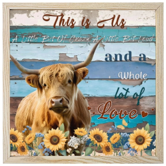 Diamond Painting Kits Farm Highland Cattle Sunflower 5D Diamond Painting Dots Gem Craft Framed Canvas Blue Wood Grain Cow Animal Full Drill Diamond Art Paintings for Wall Decor 12x12 Inch