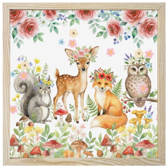 Diamond Painting Kits Forest Animal 5D Diamond Painting Dots Gem Craft Framed Canvas Floral Deer Fox Rabbit Owl Full Drill Diamond Art Paintings for Living Room Wall Decor 12x12 Inch