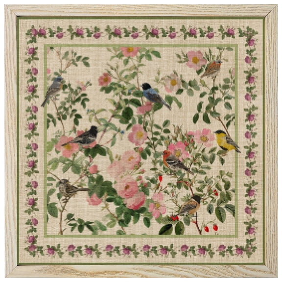 Diamond Painting Kits Pink Floral Bird 5D Diamond Painting Dots Gem Craft Framed Canvas Green Leaves Branches Linen Full Drill Diamond Art Paintings for Living Room Wall Decor 12x12 Inch