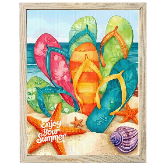 Diamond Painting Kits Rainbow Flip Flops 5D Diamond Painting Dots Gem Craft Framed Canvas Summer Beach Sand Starfish Full Drill Diamond Art Paintings for Living Room Wall Decor 16x20 Inch