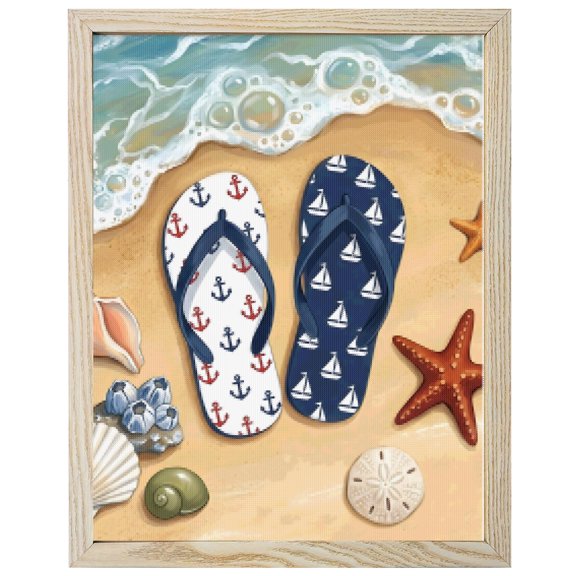Diamond Painting Kits Sandy Beach Flip Flops 5D Diamond Painting Dots Gem Craft Framed Canvas Coastal Starfish Shell Full Drill Diamond Art Paintings for Living Room Wall Decor 16x20 Inch