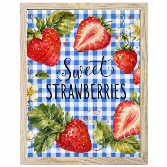 Diamond Painting Kits Sweet Strawberry 5D Diamond Painting Dots Gem Craft Framed Canvas Summer Fruit Flower Blue Plaid Full Drill Diamond Art Paintings for Living Room Wall Decor 16x20 Inch